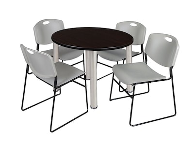 Regency Kee 36 Round Breakroom Table- Mocha Walnut/ Chrome & 4 Zeng Stack Chairs- Grey (TB36RDMWPCM44GY)