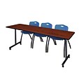Regency 84L x 24W  Kobe Mobile Training Table- Cherry & 3 M Stack Chairs- Blue (MKCC8424CH47BE)