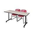 Regency 72L x 24W  Kobe Mobile Training Table- Maple & 2 Zeng Stack Chairs- Burgundy (MKCC7224PL44BY)