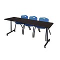 Regency 84L x 24W  Kobe Mobile Training Table- Mocha Walnut & 3 M Stack Chairs- Blue (MKCC8424MW47BE)