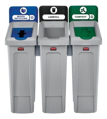 Rubbermaid Slim Jim Recycling Station Three Stream Landfill/Mixed Recycling/Compost, 23 Gal., Gray (