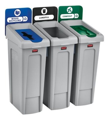 Rubbermaid Slim Jim Recycling Station Three Stream Landfill/Mixed Recycling/Compost, 23 Gal., Gray (