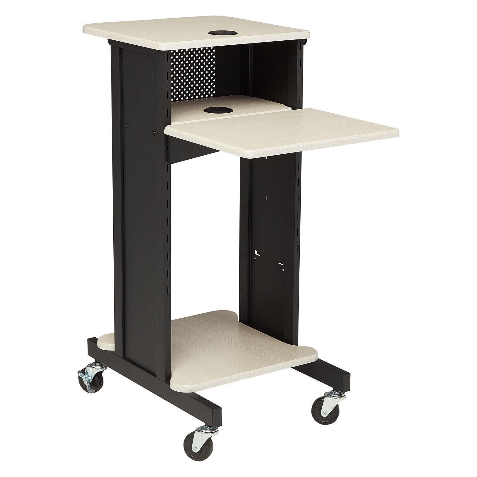 Oklahoma Sound PRC Series 4-Shelf Metal Mobile Presentation Cart with Lockable Wheels, Black/Ivory Wood (PRC200)