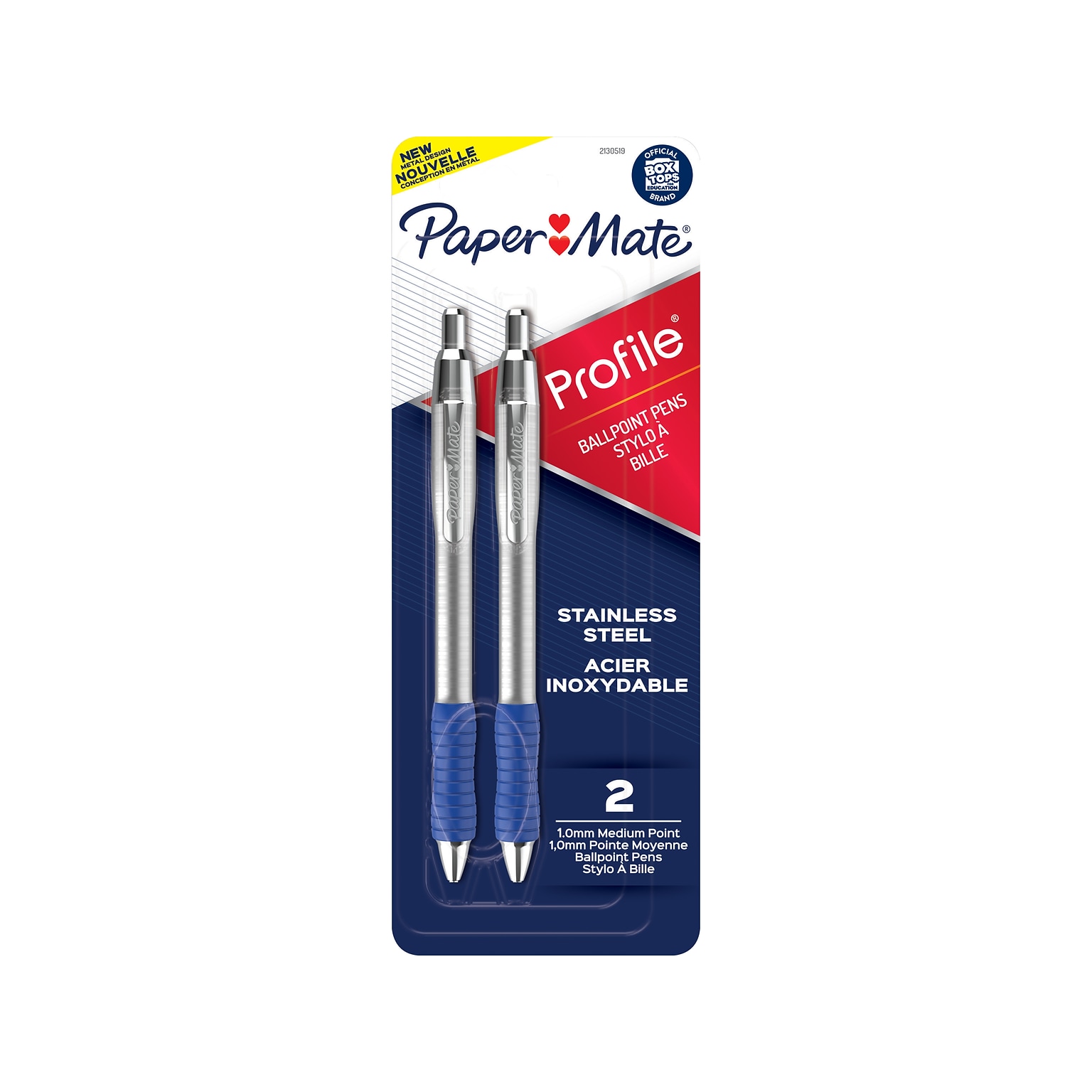 Paper Mate Profile Metal Barrel Retractable Ballpoint Pen, Medium Point, Blue Ink, 2/Pack (2130519)