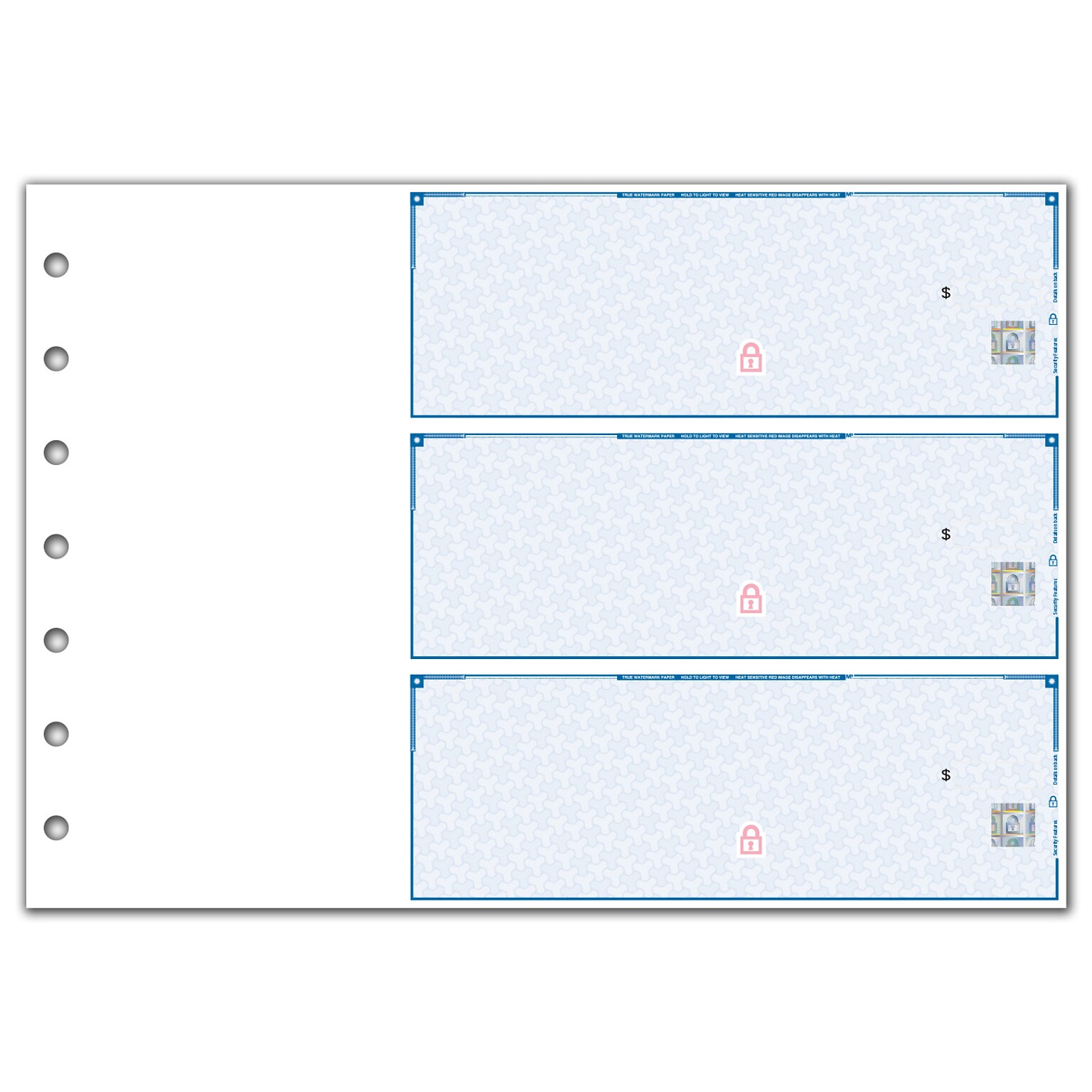 Custom 3-On-A-Page Business Size Checks, Side-Tear Voucher, Standard Color, 1 Ply, 1 Color Printing, 8.25 x 3, 250/Pk