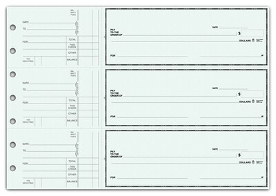 Custom 3-On-A-Page Business Size Checks, Side-Tear Voucher, Premium Color, 2 Ply/Duplicate, 1 Color Printing, 8.25" x 3", 250/Pk