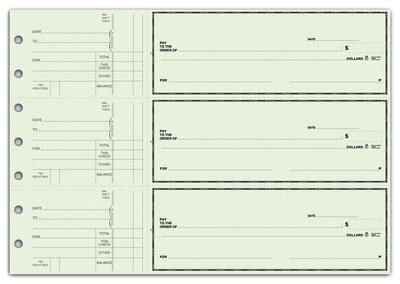 Custom 3-On-A-Page Business Size Checks, Side-Tear Voucher, Premium Color, 2 Ply/Duplicate, 1 Color Printing, 8.25" x 3", 250/Pk