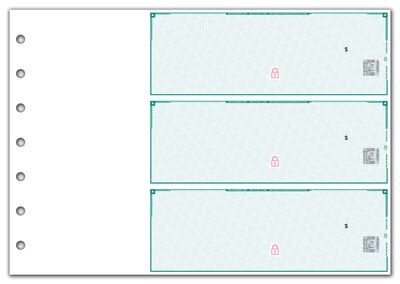 Custom 3-On-A-Page High Security Business Size Checks, Side-Tear Voucher, 2 Ply/Duplicate, 1 Color Printing, 8.25" x 3", 250/Pk
