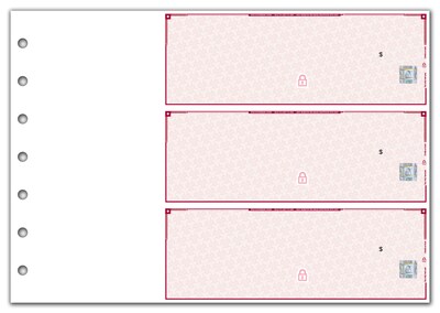 Custom 3-On-A-Page Business Size Checks, Side-Tear Voucher, Standard Color, 2 Ply/Duplicate, 1 Clr Printing, 8.25" x 3", 250/Pk