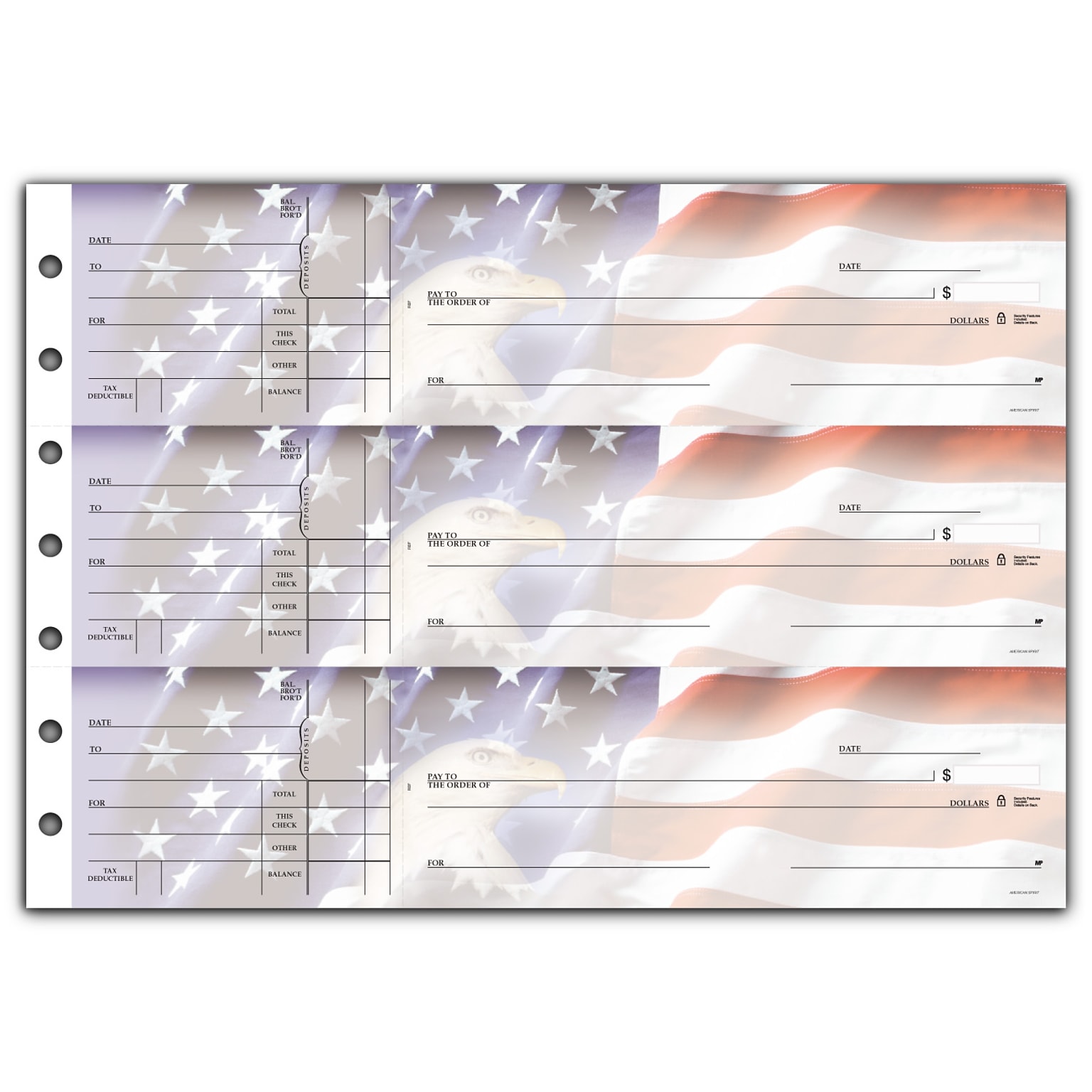 Custom 3-On-A-Page Business Size Checks, Side-Tear Voucher, Premium Color, 1 Ply, 1 Color Printing, 8.25 x 3, 250/Pk