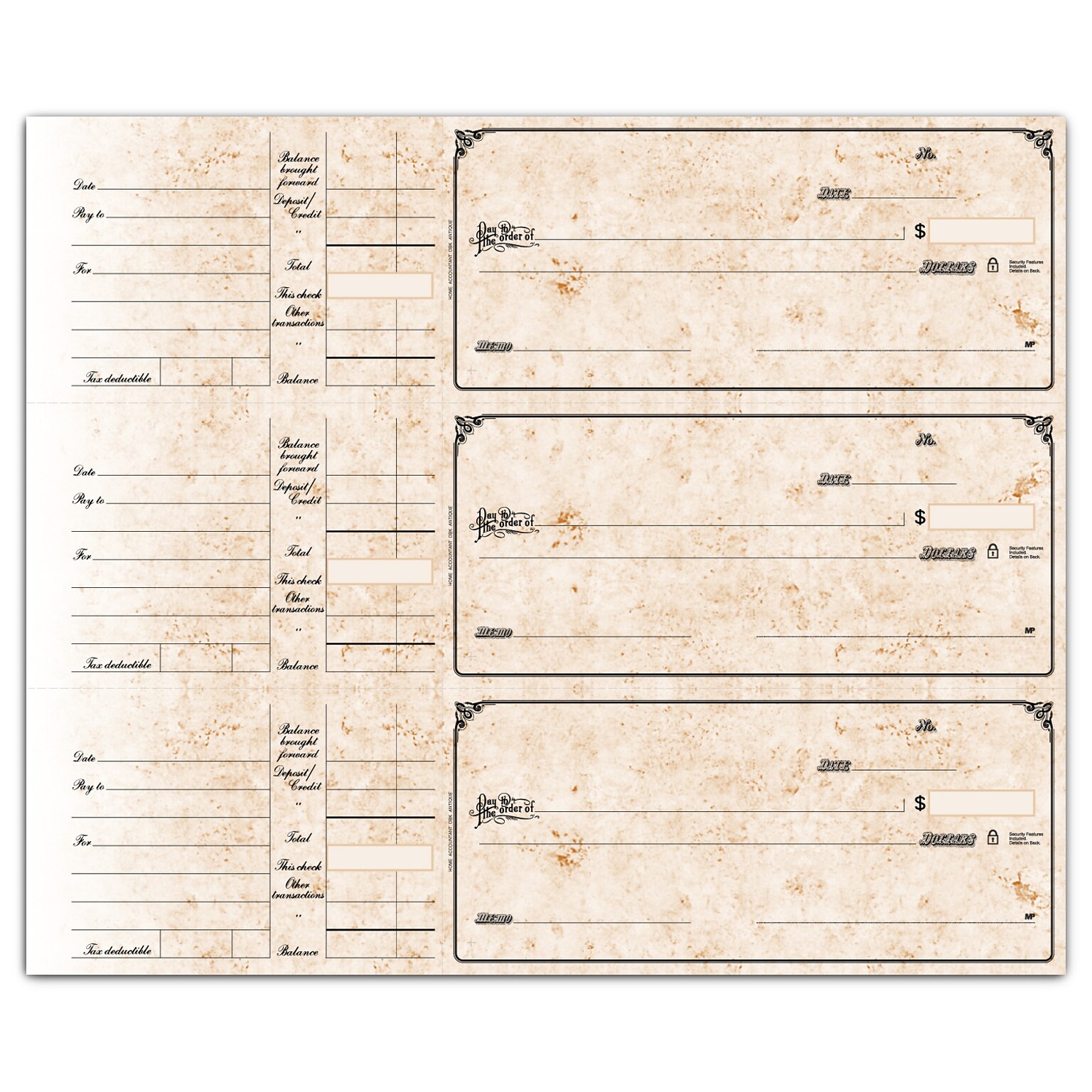Custom 3-On-A-Page Compact Size Checks, Side-Tear Voucher, 1 Ply, Premium Color, 1 Color Printing, 6 x 2.75, 250/Pk