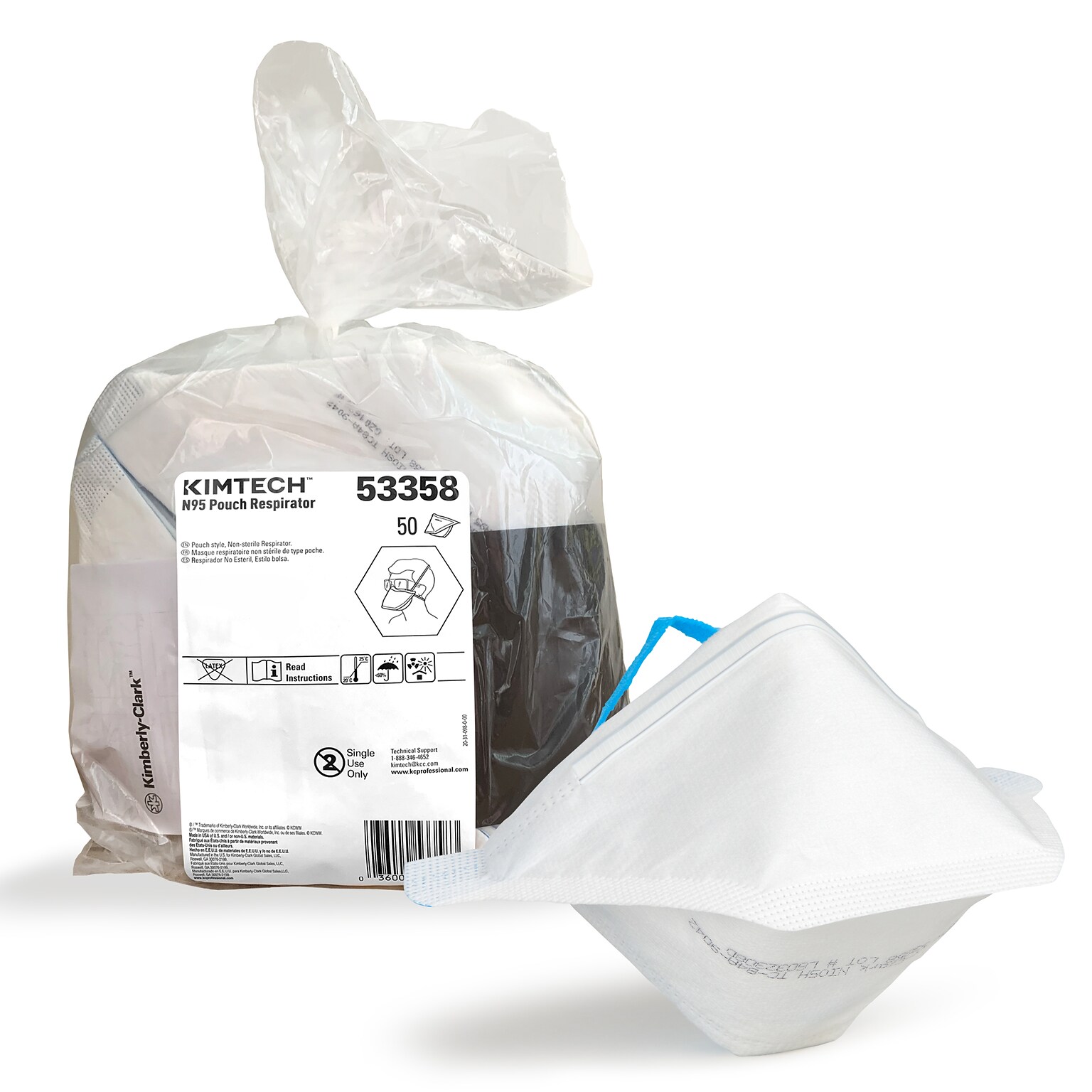 Kimtech Disposable N95 Pouch Respirator, Regular Size, White, 50/Pack (53358)