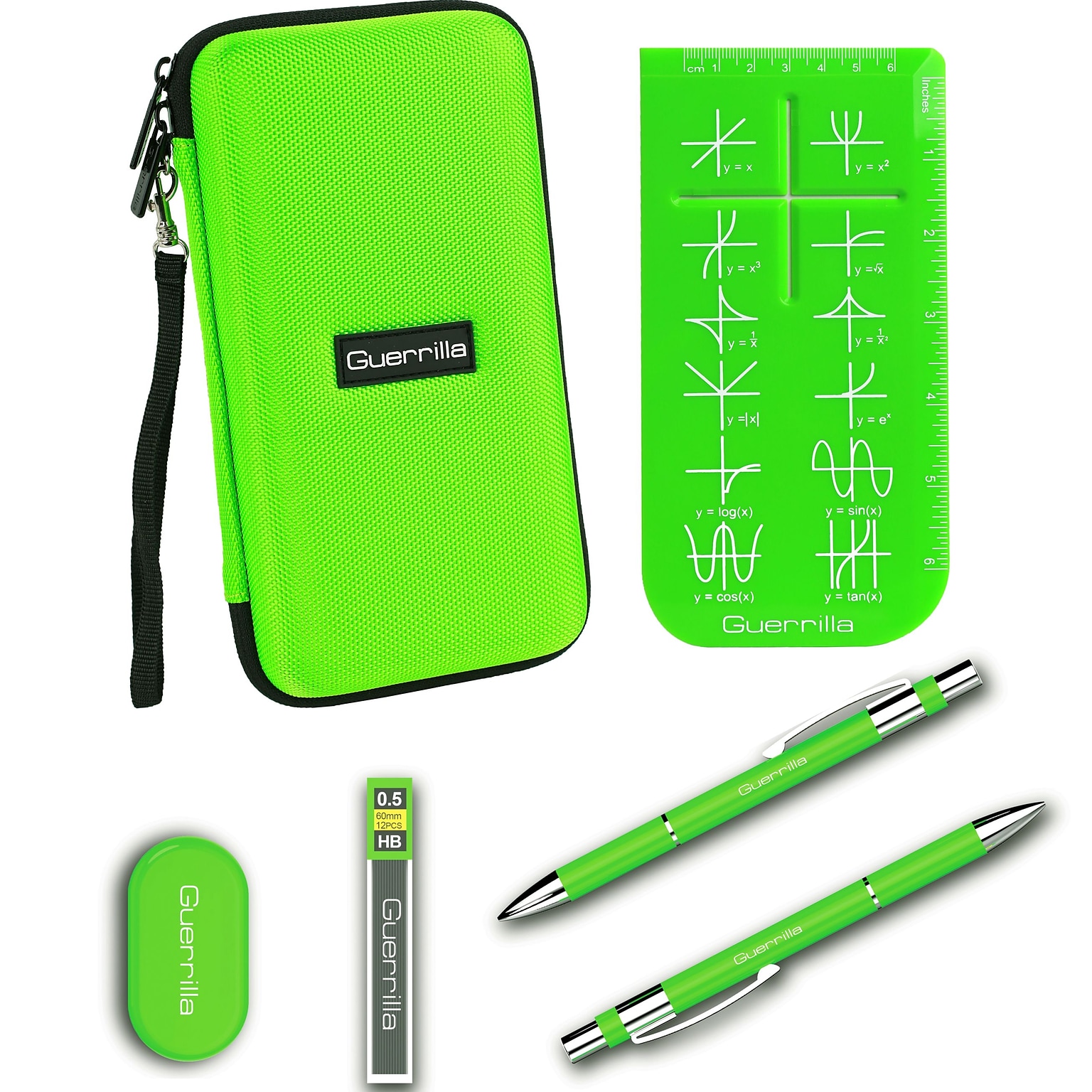 Guerrilla Hard Travel Case for ALL Graphing Calculators + Guerrillas Essential Calculator Accessory Kit, Green