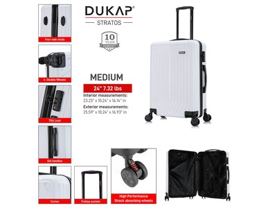 DUKAP Stratos 24" Hardside Suitcase, 4-Wheeled Spinner, TSA Checkpoint Friendly, White (DKSTR00M-WHI)