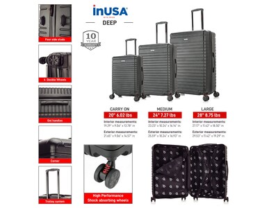 InUSA Deep 3-Piece Hardside Spinner Luggage Set, Black (IUDEESML-BLK)