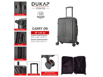 DUKAP Stratos 20" Hardside Carry-On Suitcase, 4-Wheeled Spinner, TSA Checkpoint Friendly, Black (DKSTR00S-BLK)