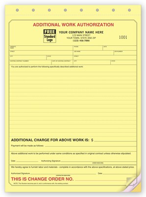 Custom Additional Work Authorizations, 3 Parts, 1 Color Printing, 8 1/2 X 11 ,250/Pack