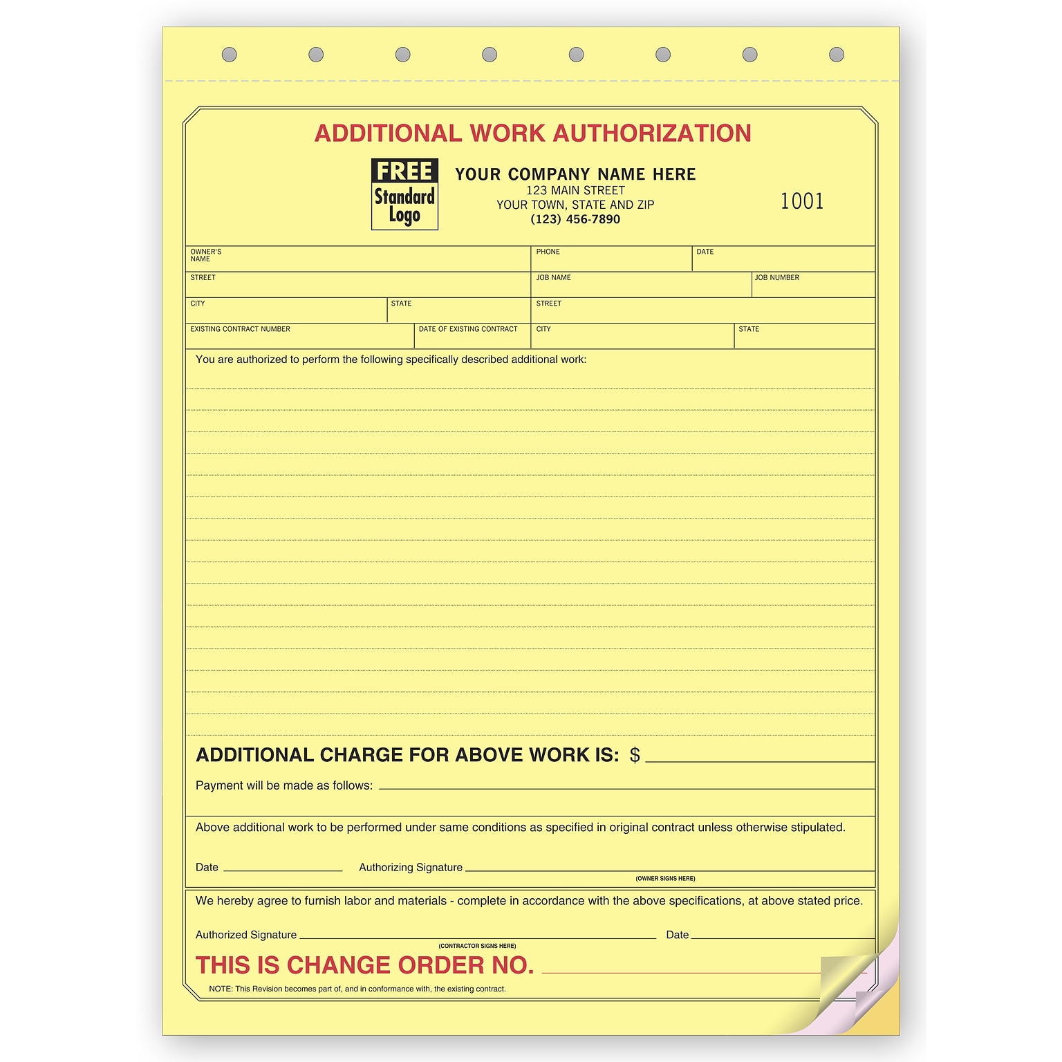 Custom Additional Work Authorizations, 3 Parts, 1 Color Printing, 8 1/2 X 11 ,250/Pack