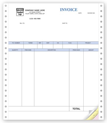 Custom Product Invoices, Continuous, 3 Parts, 1 Color Printing, 8 1/2 x 11, 500/Pack