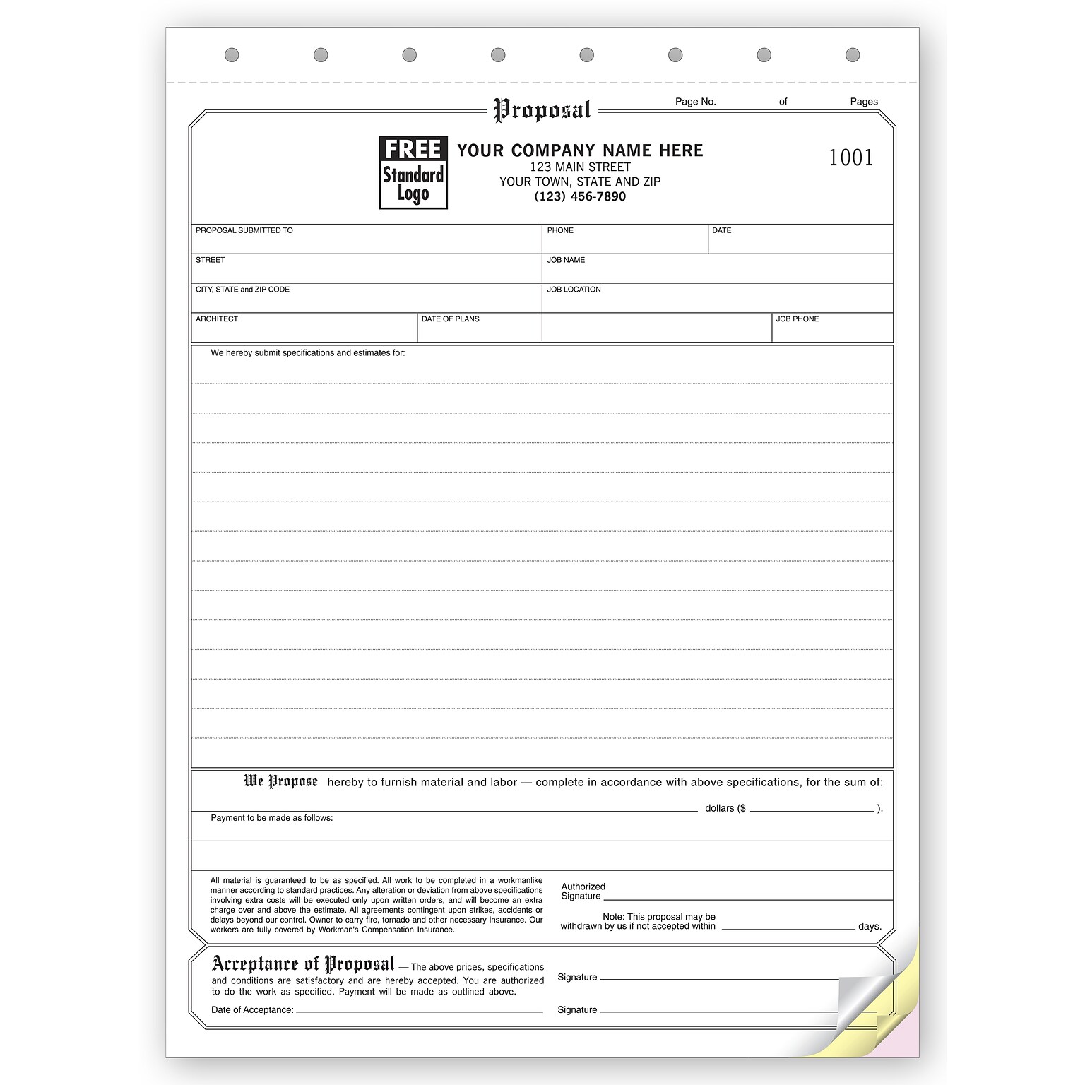 Custom Proposals, Classic Design, Large Format, 3 Parts, 1 Color Printing, 8 1/2 X 11 ,250/Pack