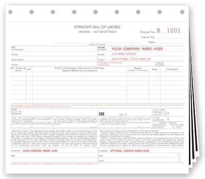 Custom Small Format Bills of Lading with Carbon, 3 Parts, 1 Color Printing, 8 1/2 x 7, 1000/Pack