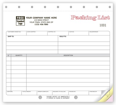 Custom Carbonless, Small Format Packing Lists, 3 Parts, 1 Color Printing, 8 1/2 x 7, 250/Pack