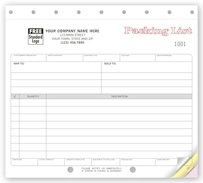 Custom Carbonless, Small Format Packing Lists, 2 Parts, 1 Color Printing, 8 1/2 x 7, 250/Pack