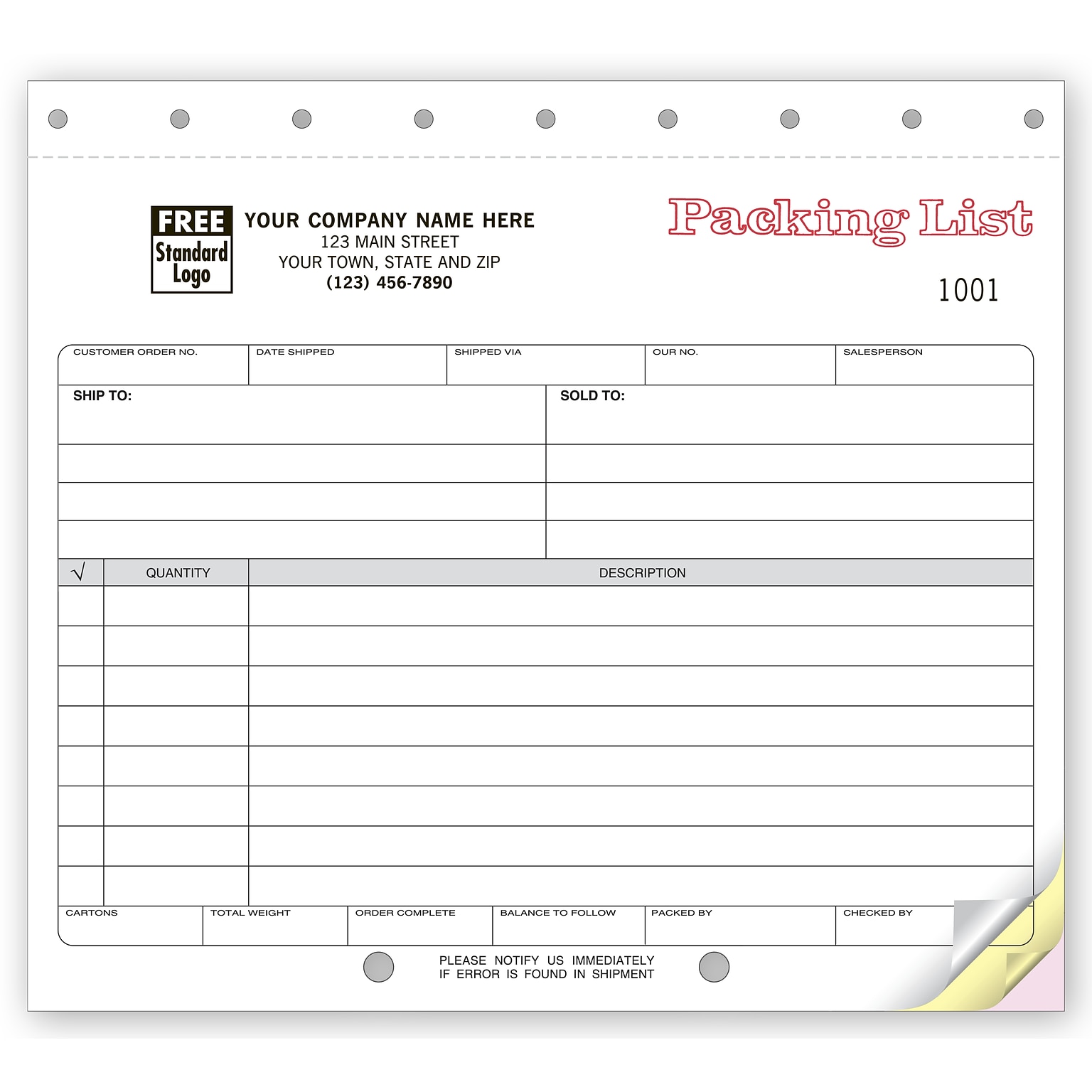Custom Carbonless, Small Format Packing Lists, 2 Parts, 1 Color Printing, 8 1/2 x 7, 250/Pack