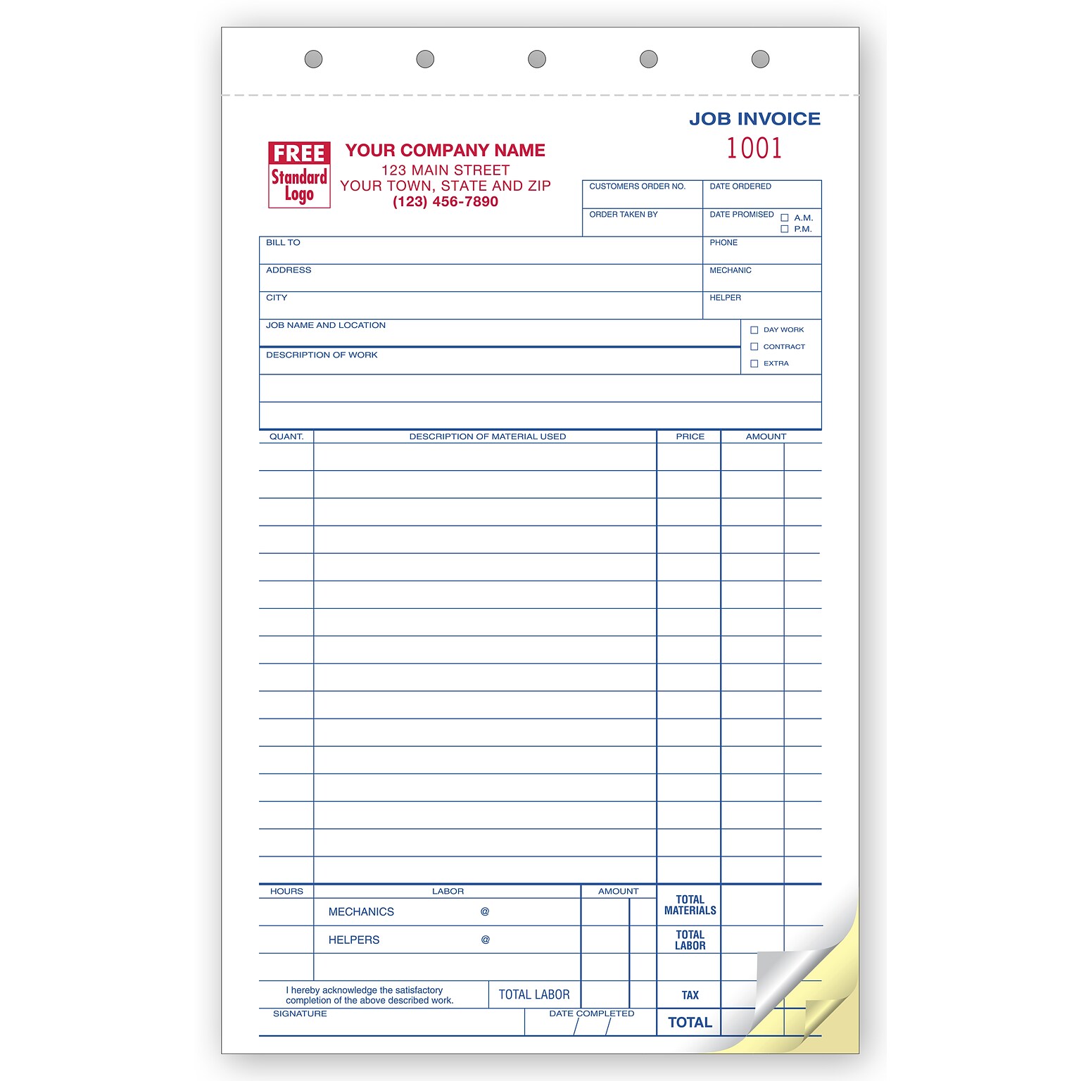 Custom Work Orders, Carbonless, Small Format 3 Parts,  1 Color Printing, 5 1/2 x 8 1/2, 500/Pack