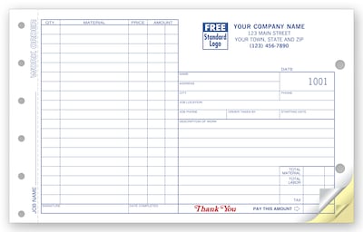 Custom Carbonless Side-Stub Job Work Order, Large Format, 2 Parts, 1 Color Printing, 8 1/2 x 5 1/2