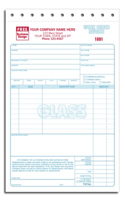 Custom Glass Repair Work Orders Sets, 4 Parts, 1 Color Printing, 5 2/3 x 8 1/2, 500/Pack