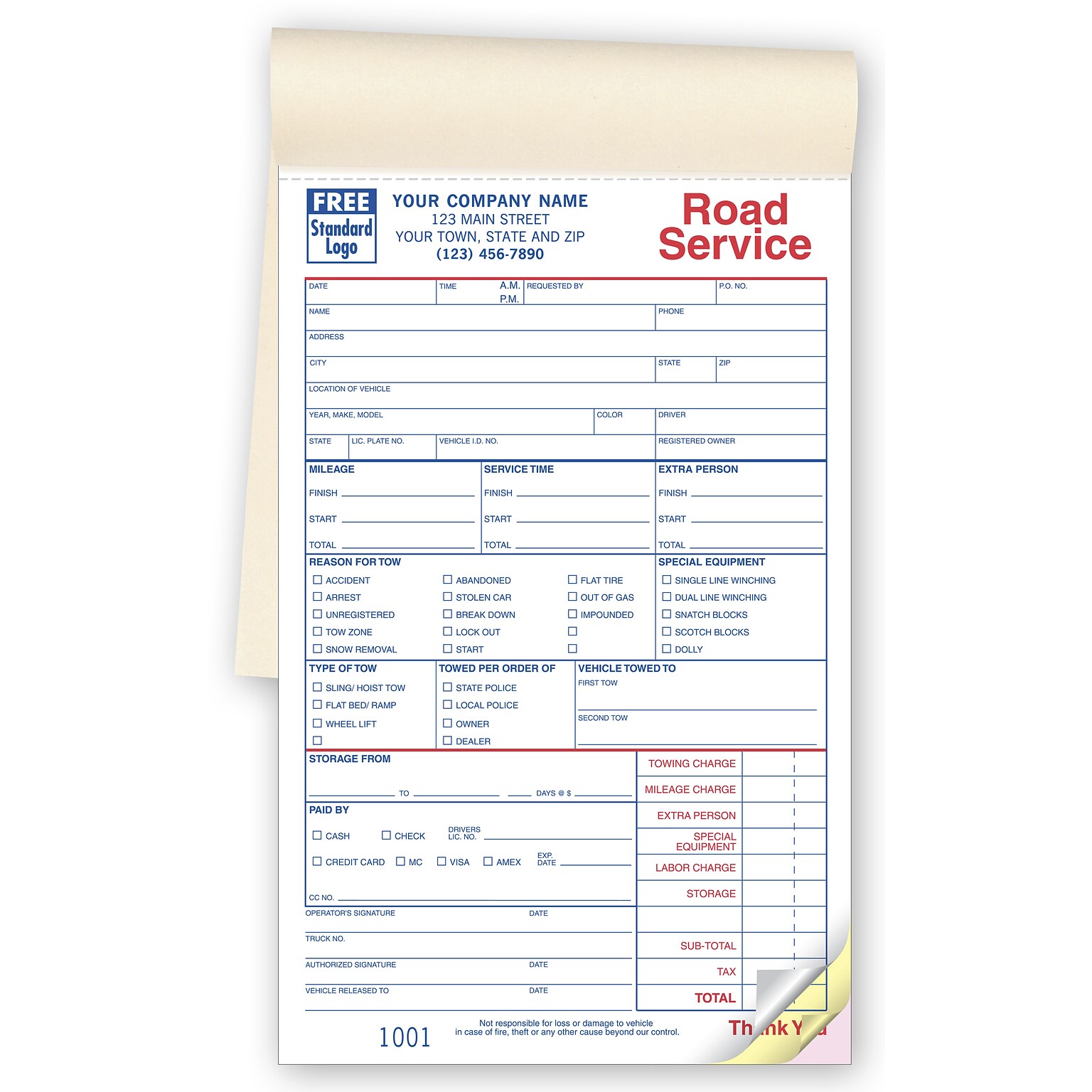 Custom Service Orders, Road/Towing, Booked, Small Format 2 Parts,  1 Color Printing, 5 1/2 x 8 1/2, 500/Pack