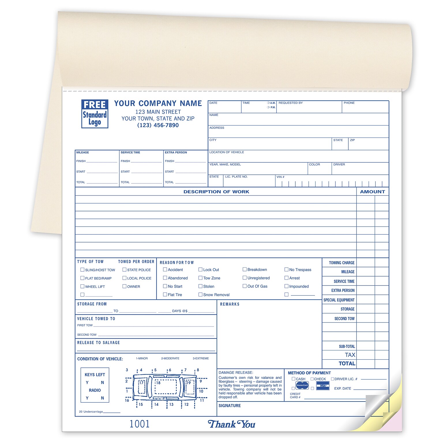 Custom Road Service/Towing Service Orders, Booked, 2 Parts, 1 Color Printing, 8 1/2 x 8 1/2, 500/Pack