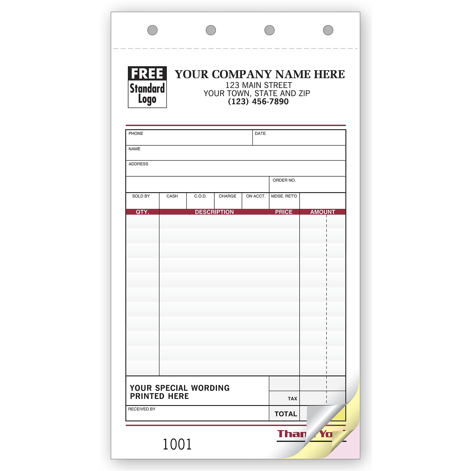 Custom Sales Slips - Image Design, TEXT ONLY 3 Parts,  1 Color Printing, 4 1/4 x 7, 500/Pack