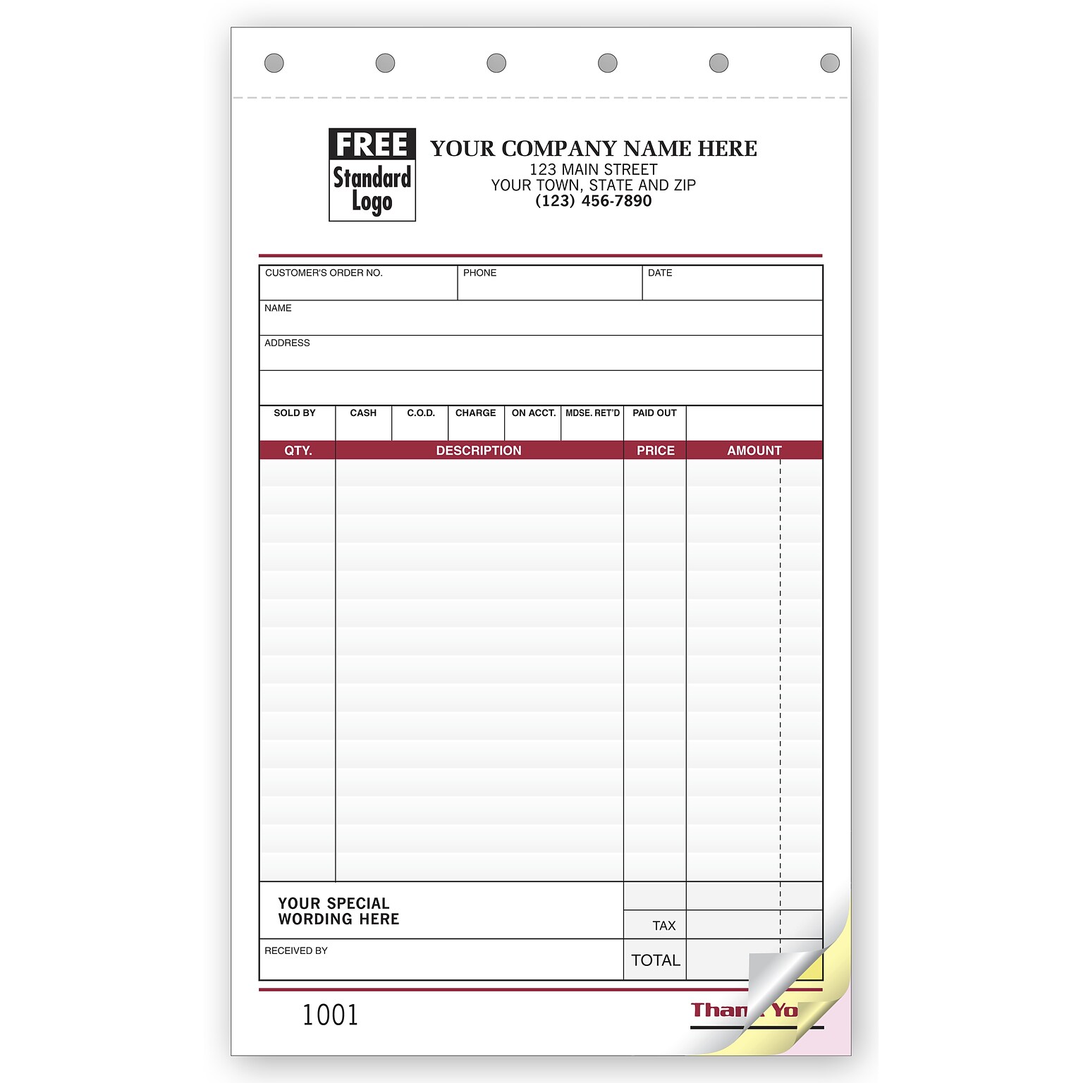 Custom Sales Slips, Image, Large 2 Parts,  1 Color Printing, 5 2/3 x 8 1/2, 500/Pack