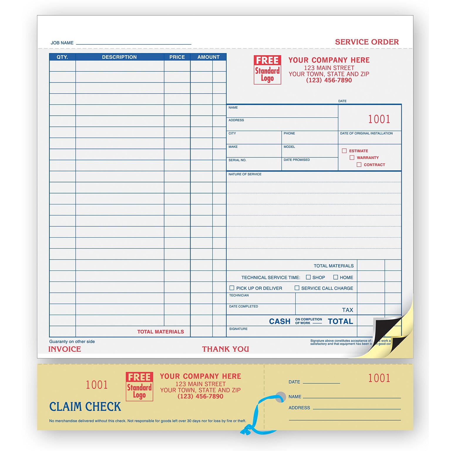 Custom Service Orders, Carbon, Claim Check, Large Format, 2 Parts, 1 Color Printing, 8 1/2 x 9 1/4,500/Pack