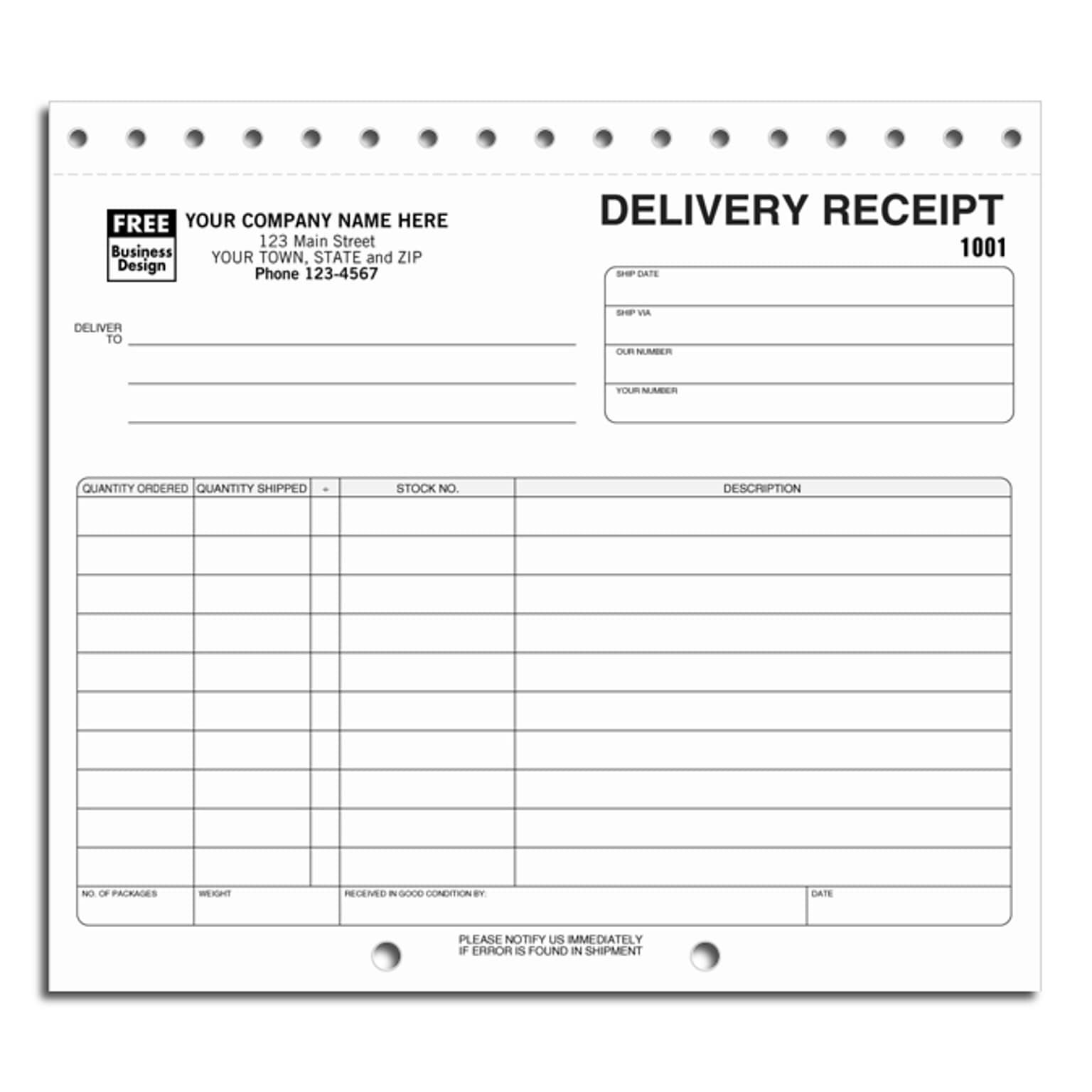 Custom Delivery Receipts Sets, 2 Parts, 1 Color Printing, 8 1/2 x 7, 250/Pack