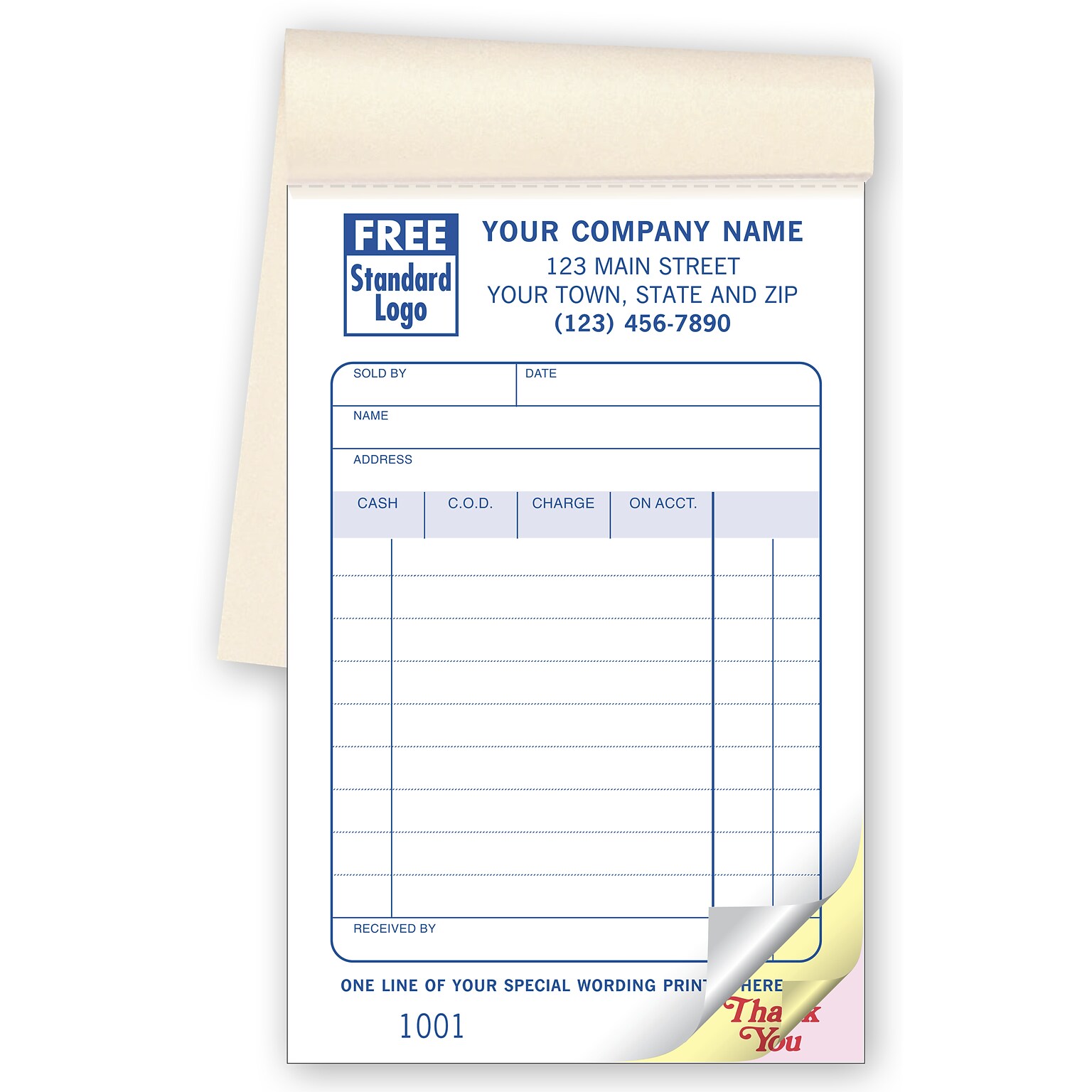 Custom Retail Sales Book, Classic Design, NO CASH RETURNS, 3 Parts, 1 Color Printing, 3 3/8 x 5 1/8, 500/Pack