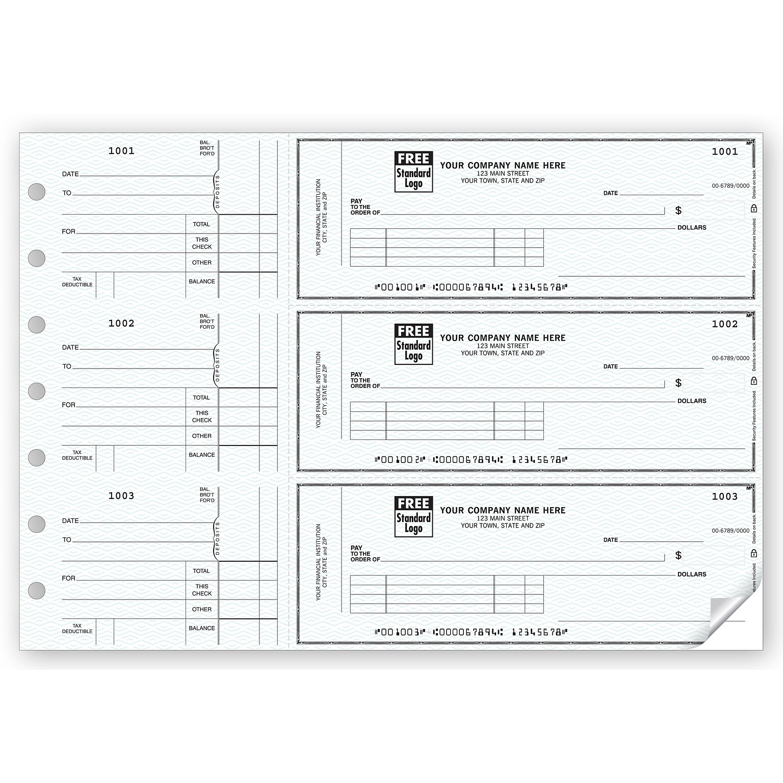 Custom 3-On-A-Page Business Size Checks, Side-Tear Voucher, 2 Ply/Duplicate, 1 Color Printing, 8.25 x 3, 250/Pk
