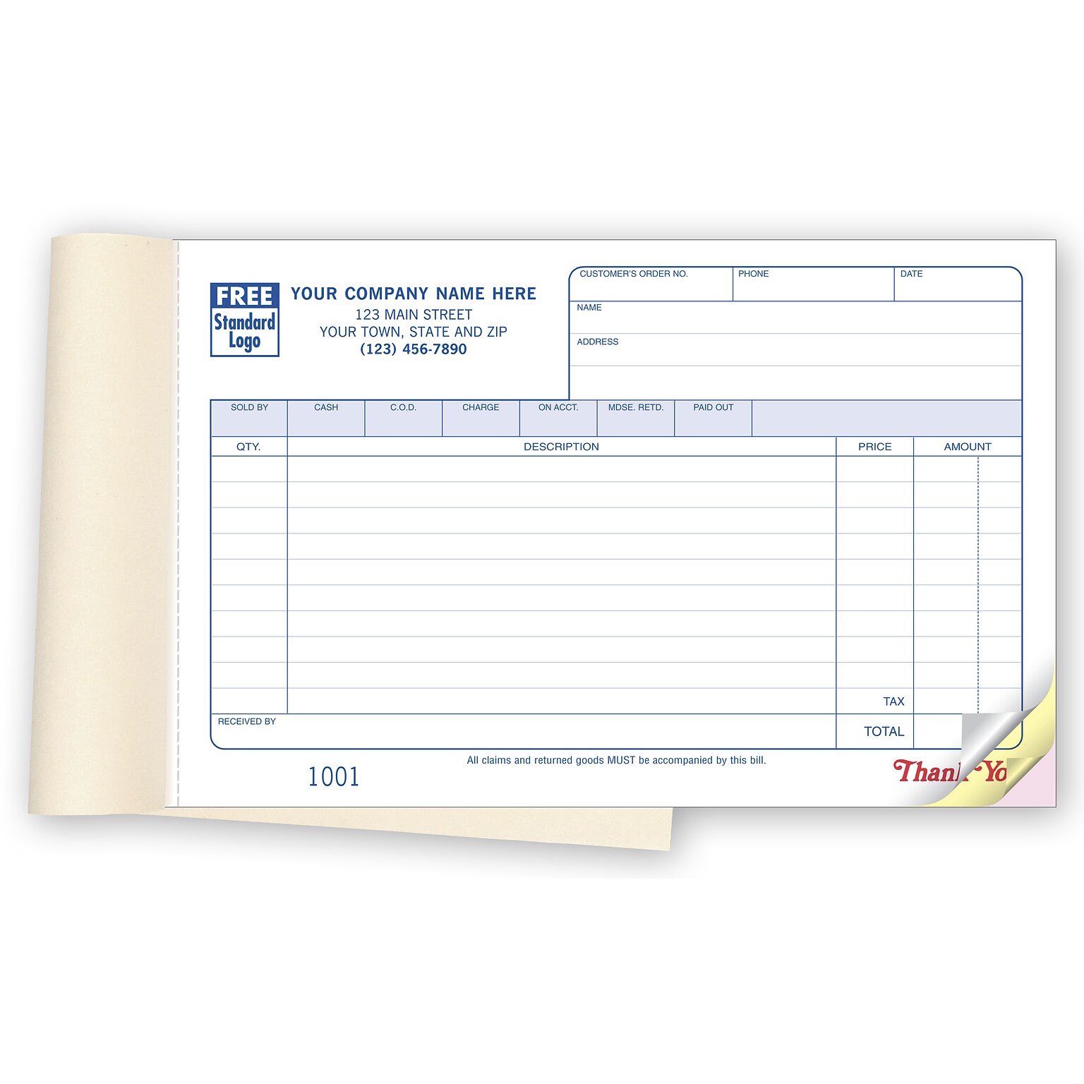 Custom Classic, Horizontal Sales Books 2 Parts,  1 Color Printing, 5 1/2 x 8 1/2, 500/Pack