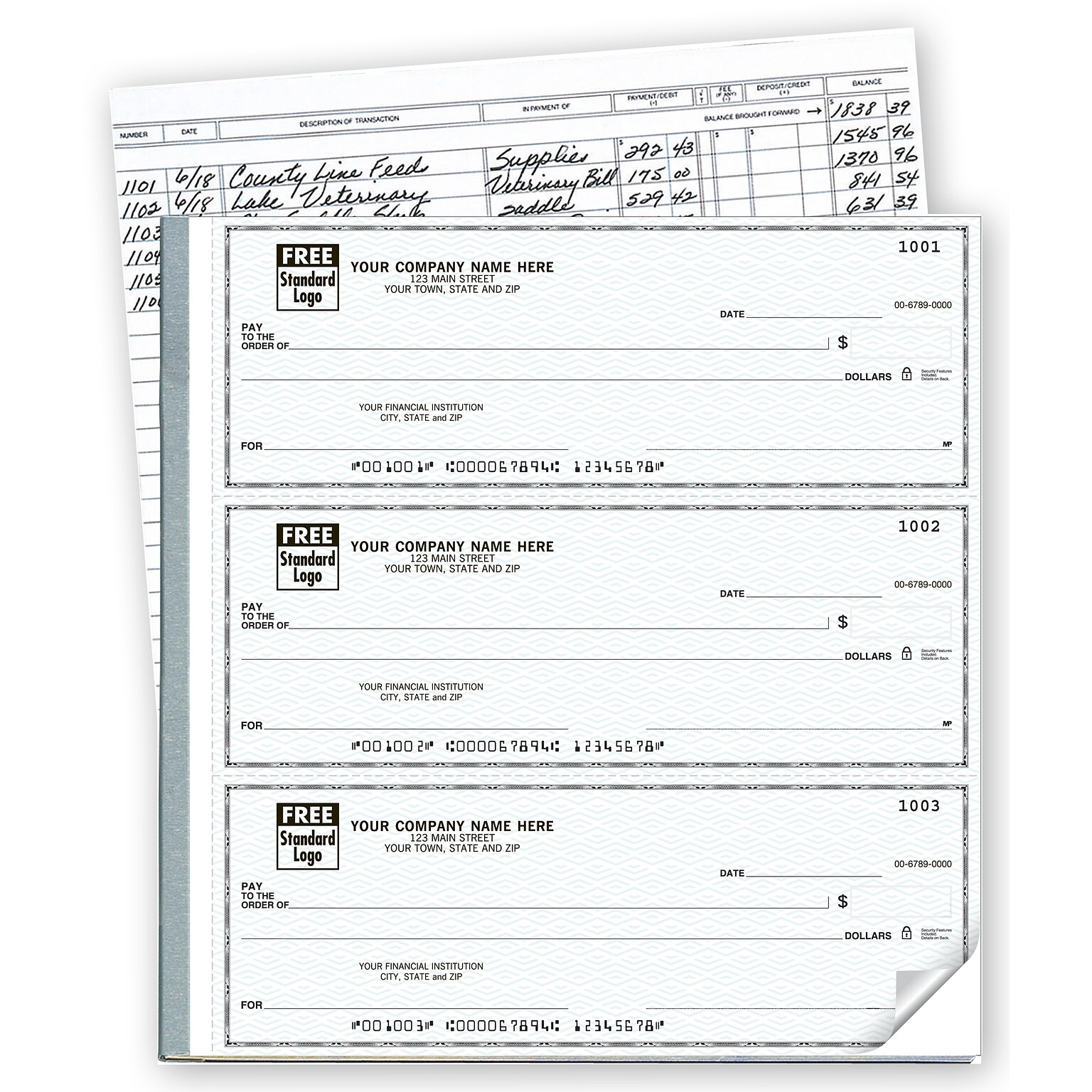 Custom 3-On-A-Page Business Size Checks with Dep Tckt, Side-Tear, Stand Color, 2 Ply/Duplicate, 1 Clr Printing, 8.25x3, 250/Pk