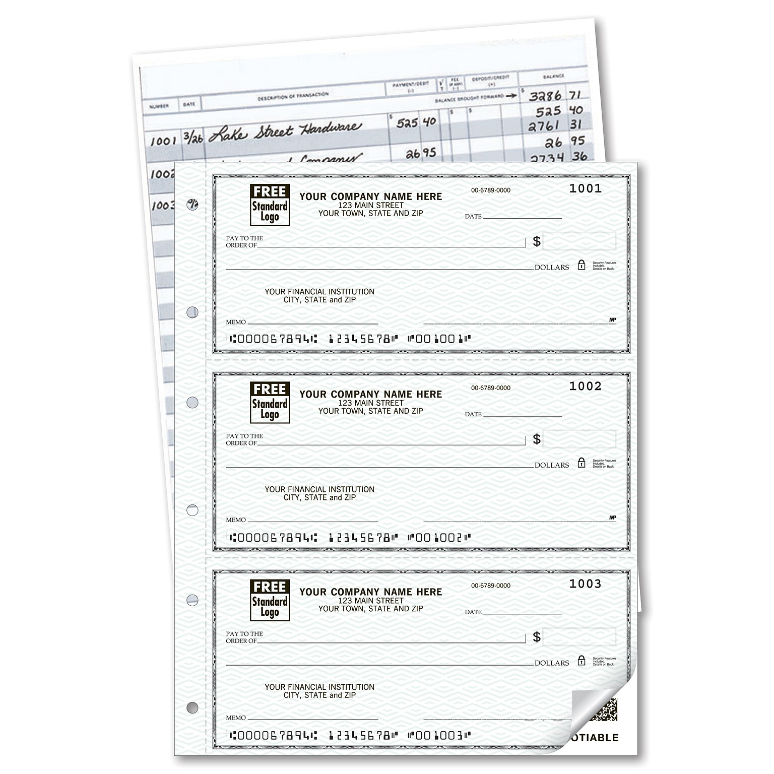 Custom 3-On-A-Page Compact Size Duplicate Checks with Register, Side-Tear, Prem Color, 1 Color Printing, 6 x 2.75, 250/Pk