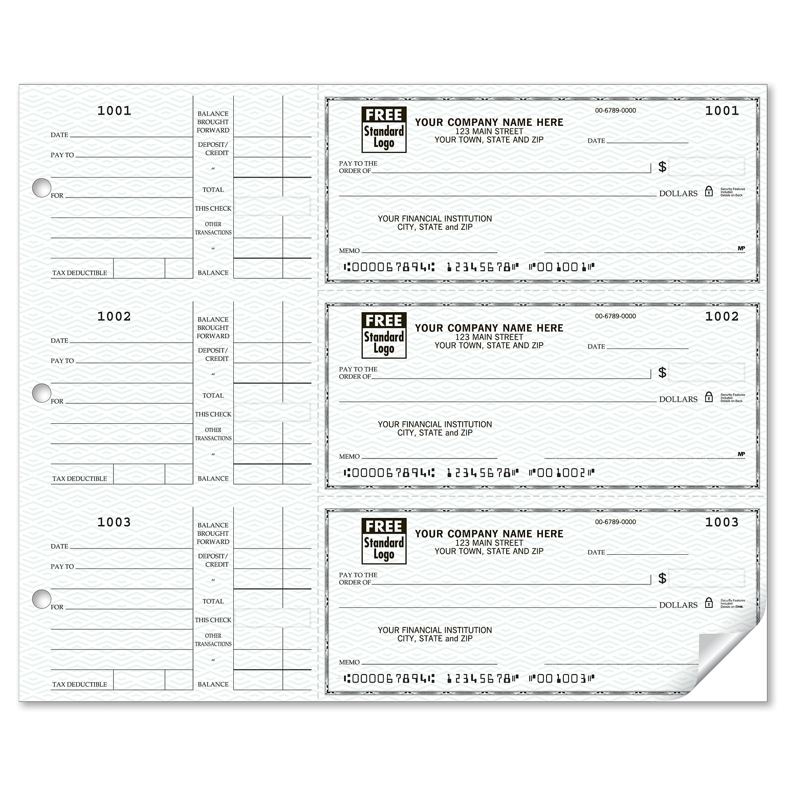Custom 3-On-A-Page Compact Size Checks,, Side-Tear Voucher, 1 Ply, Standard Color, 1 Color Printing, 6 x 2.75, 250/Pk