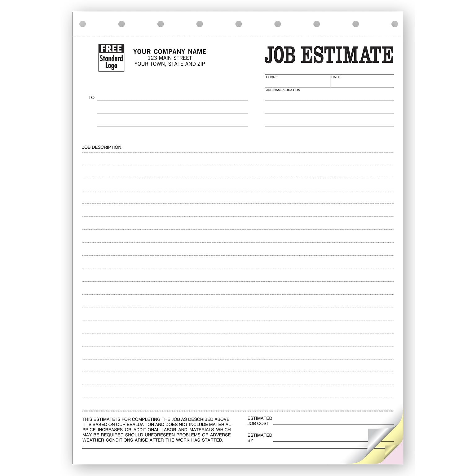 Custom Job Estimate Forms, 2 Parts, 1 Color Printing, 8 1/2 X 11 ,250/Pack