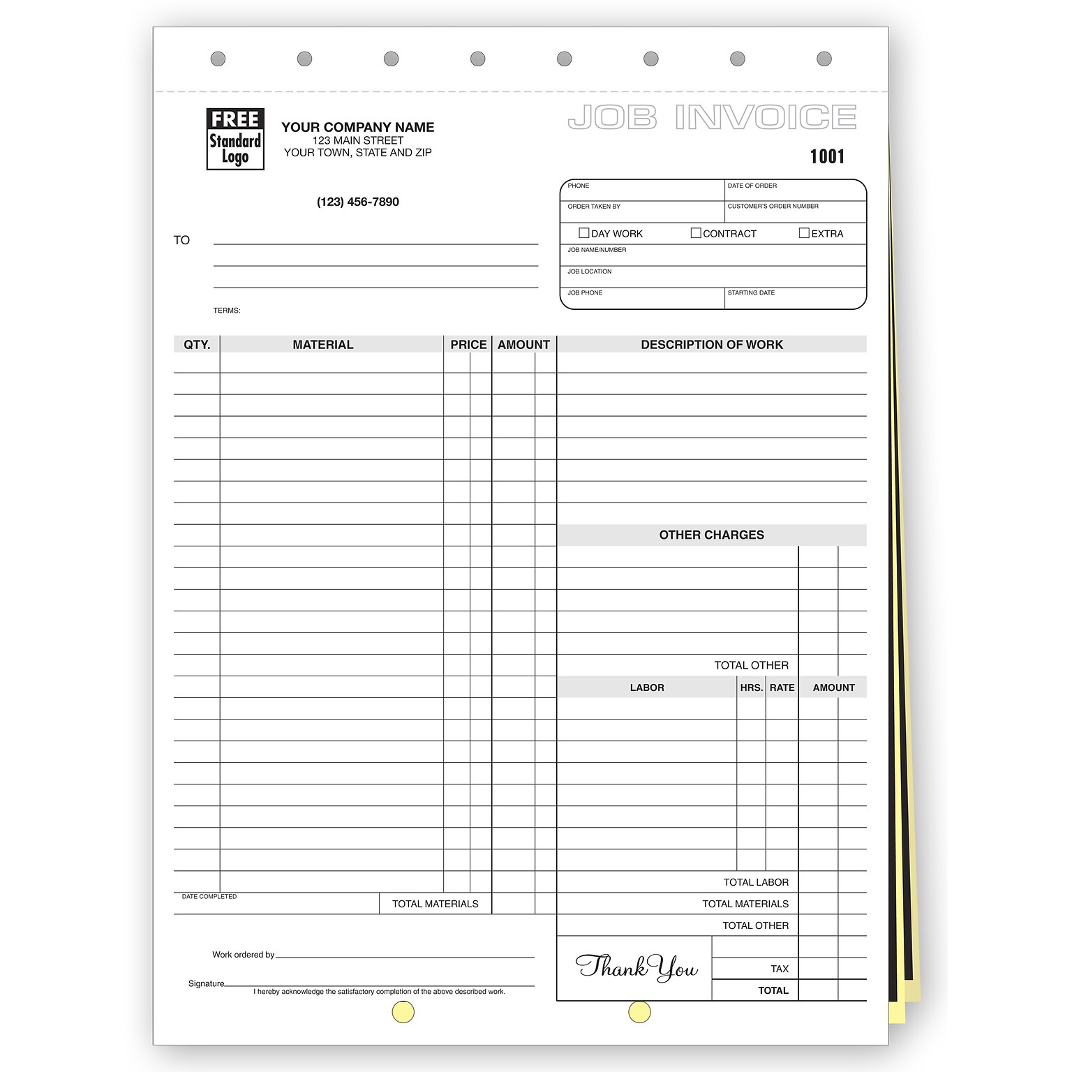 Custom Work Orders, Carbon, Large Format, 3 Parts, 1 Color Printing, 8 1/2 X 11 ,500/Pack