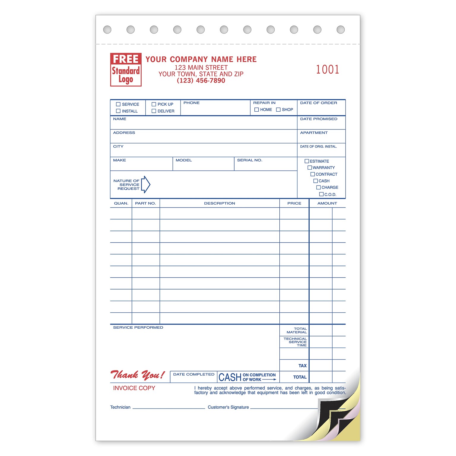 Custom Service Orders, Carbon, Small Format 3 Parts,  1 Color Printing, 5 2/3 x 8 1/2, 500/Pack