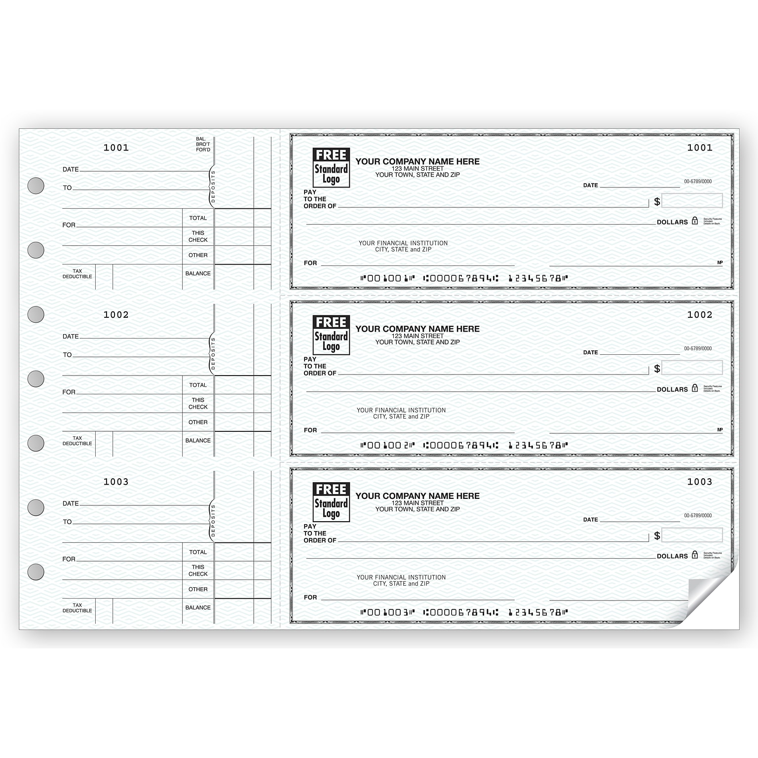 Custom 3-On-A-Page Business Size Checks, Side-Tear Voucher, Standard Color, 2 Ply/Duplicate, 1 Clr Printing, 8.25 x 3, 250/Pk