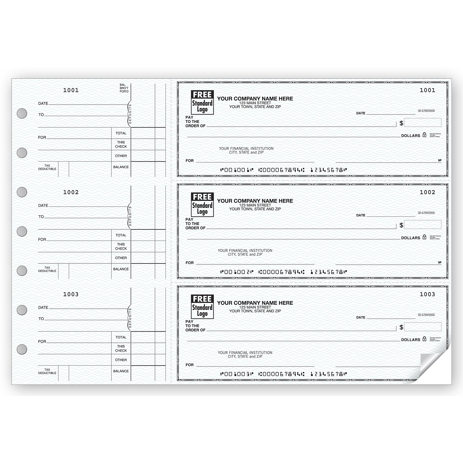 Custom 3-On-A-Page High Security Business Size Checks, Side-Tear Voucher, 2 Ply/Duplicate, 1 Color Printing, 8.25 x 3, 250/Pk