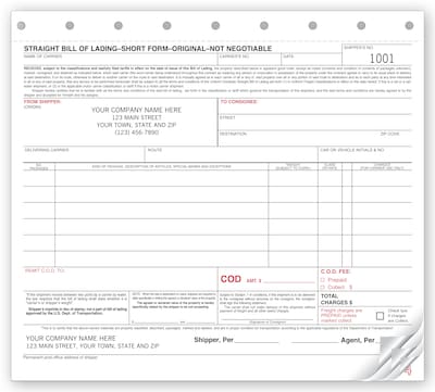 Custom Bills of Lading - Small Carbonless, 3 Parts, 1 Color Printing, 8 1/2 x 7, 250/Pack