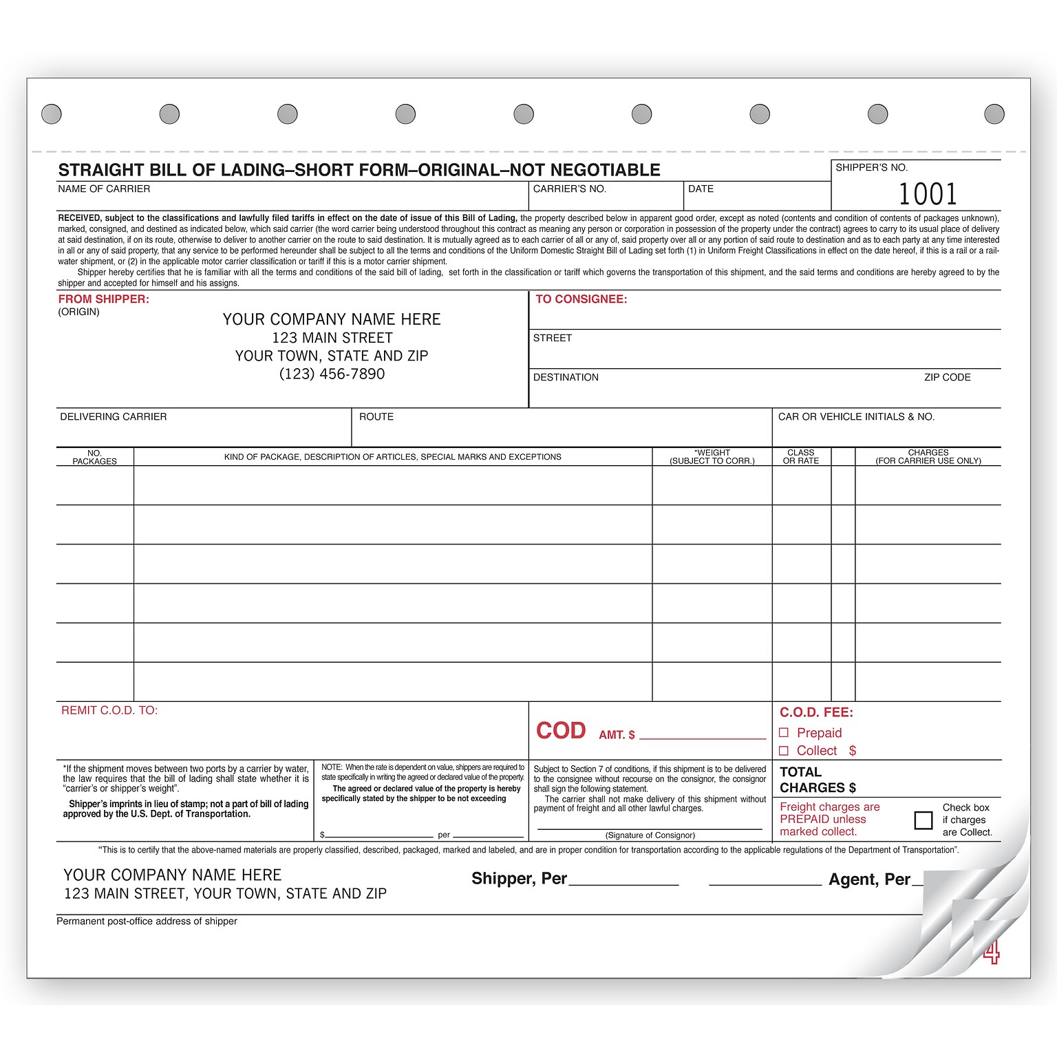Custom Bills of Lading - Small Carbonless, 3 Parts, 1 Color Printing, 8 1/2 x 7, 250/Pack
